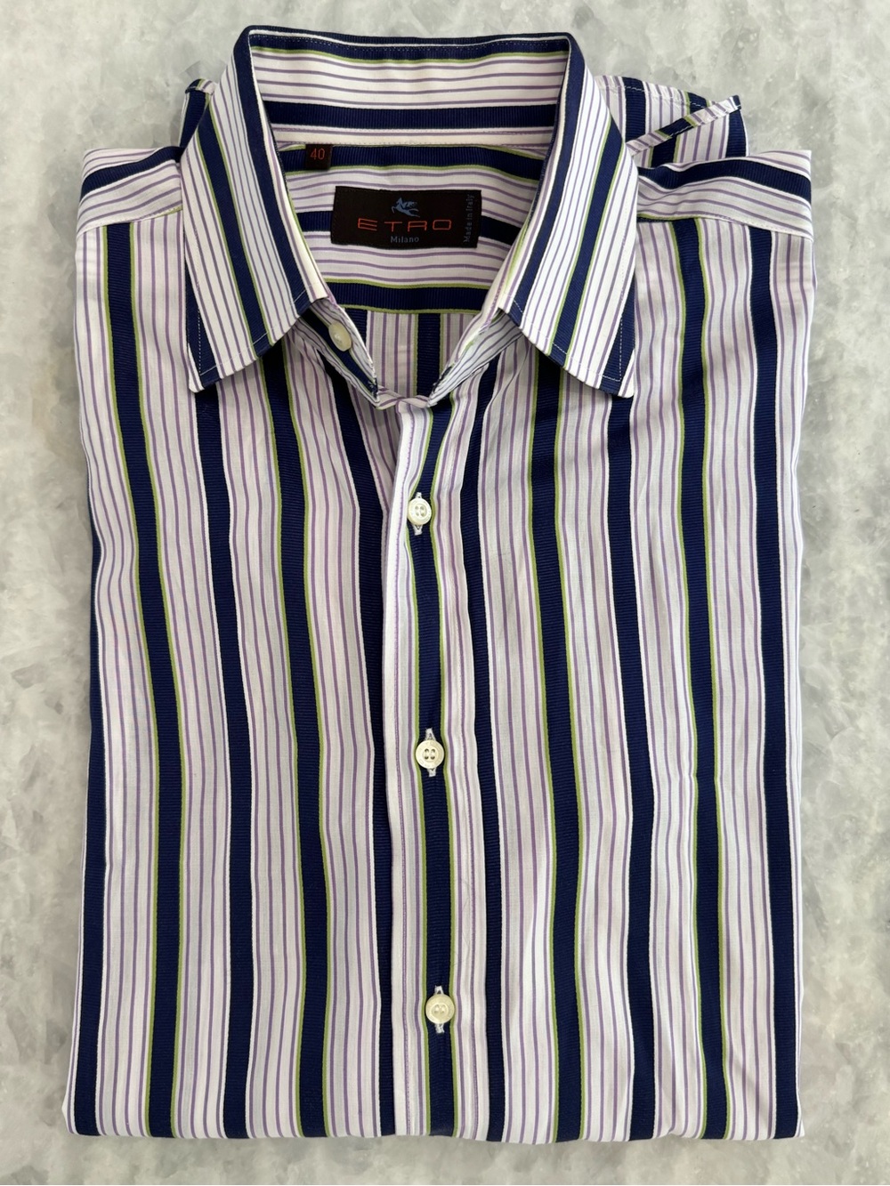 Etro Men's Striped Button-Down Shirt in Navy, Purple & Green